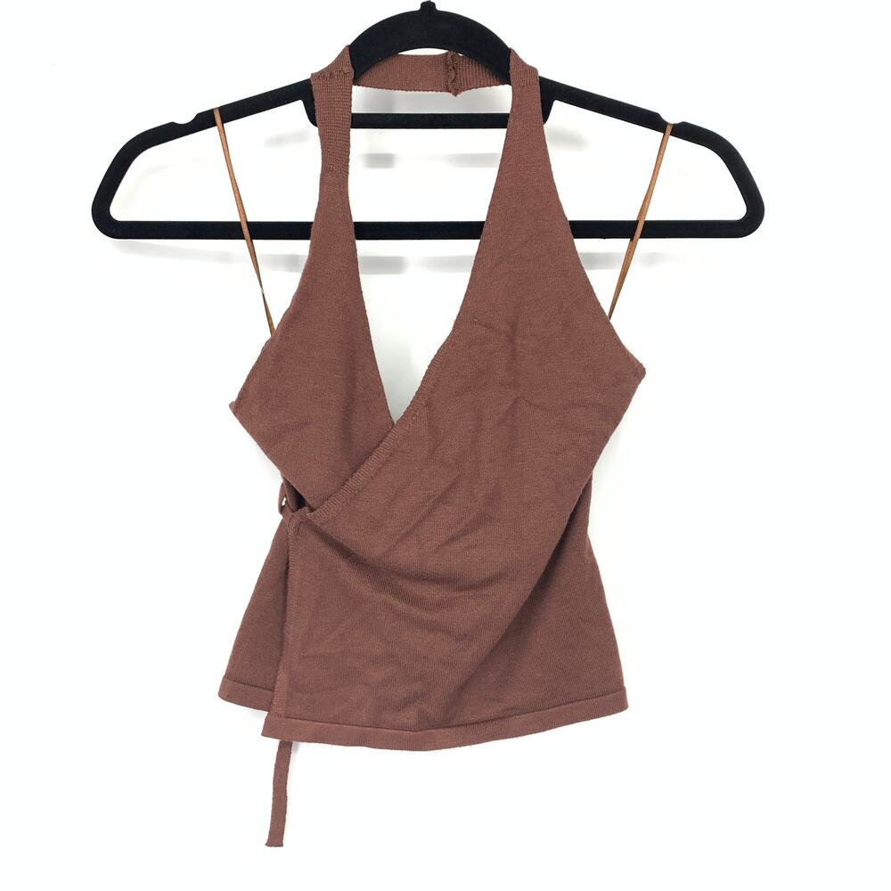 Frankies Bikinis Womens XS Brown Knit Halter Wrap Top Plunge Tie Waist